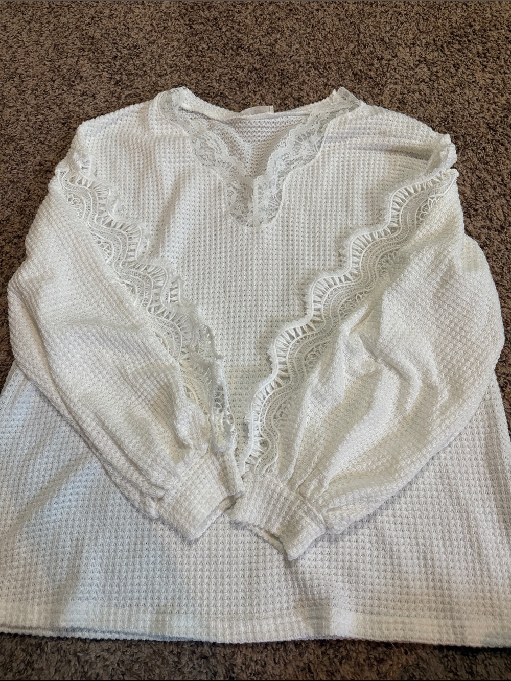 Lace-Trim Waffle Knit Long Sleeve Top - White